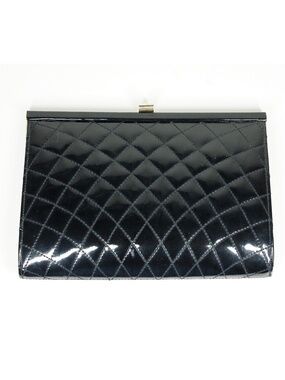 Black Patent Quilted Vintage 50s 60s Frame Clutch: mid century modern sleek bag